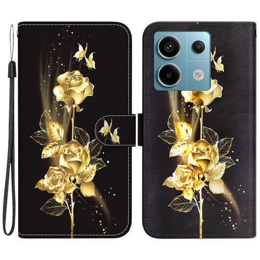 For Xiaomi Redmi Note 13 Pro 5G / Poco X6 5G Wallet Case Phone Leather Cover Pattern Printing  - Gold Butterfly Rose