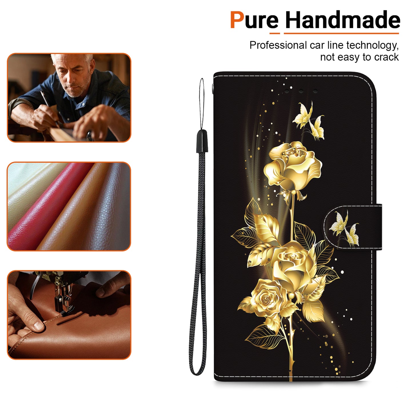 For Xiaomi Redmi Note 13 Pro 5G / Poco X6 5G Wallet Case Phone Leather Cover Pattern Printing  - Gold Butterfly Rose