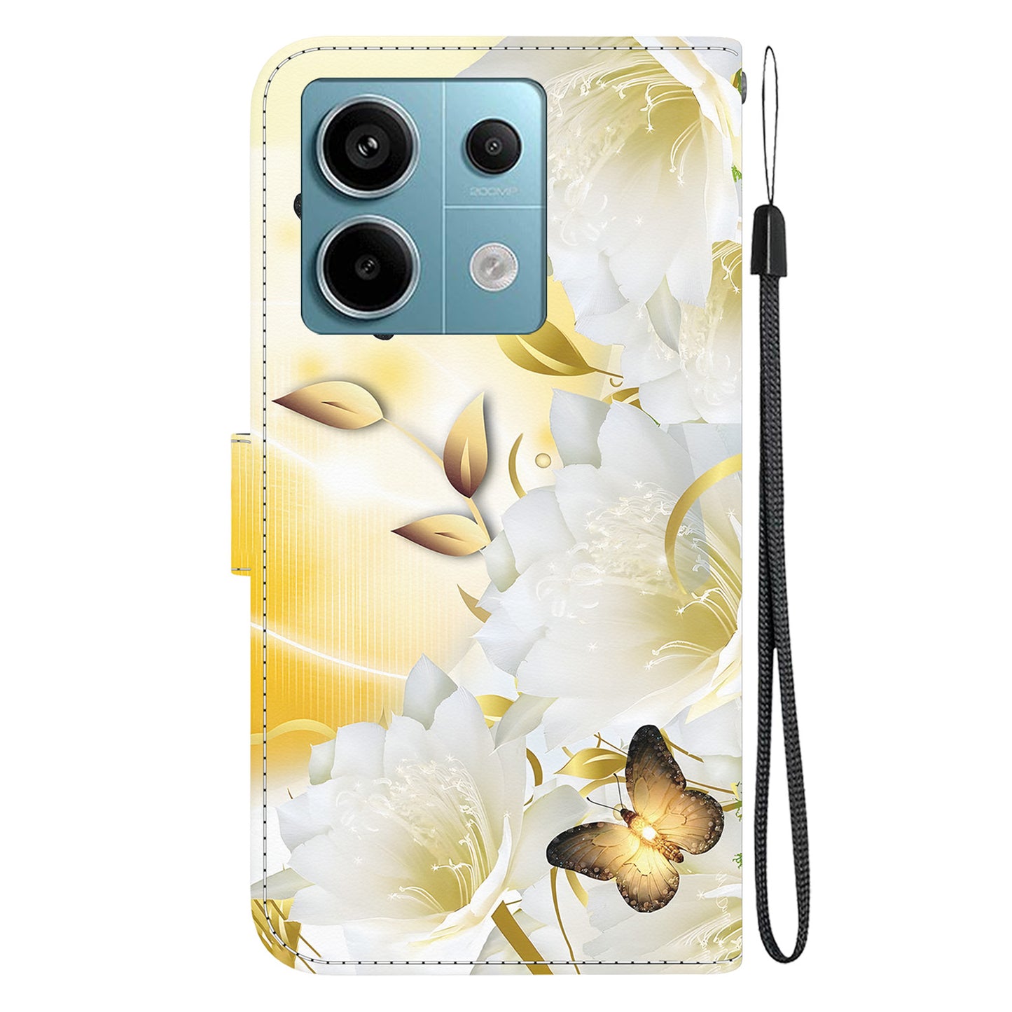 For Xiaomi Redmi Note 13 Pro 5G / Poco X6 5G Wallet Case Phone Leather Cover Pattern Printing  - Gold Butterfly Flower