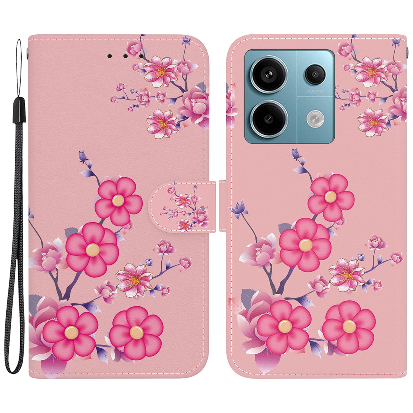 For Xiaomi Redmi Note 13 Pro 5G / Poco X6 5G Wallet Case Phone Leather Cover Pattern Printing  - Sakura