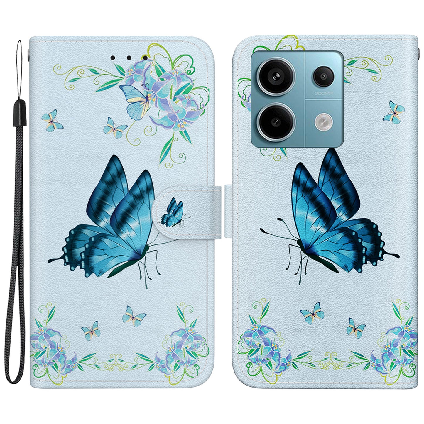 For Xiaomi Redmi Note 13 Pro 5G / Poco X6 5G Wallet Case Phone Leather Cover Pattern Printing  - Blue Butterfly Flower