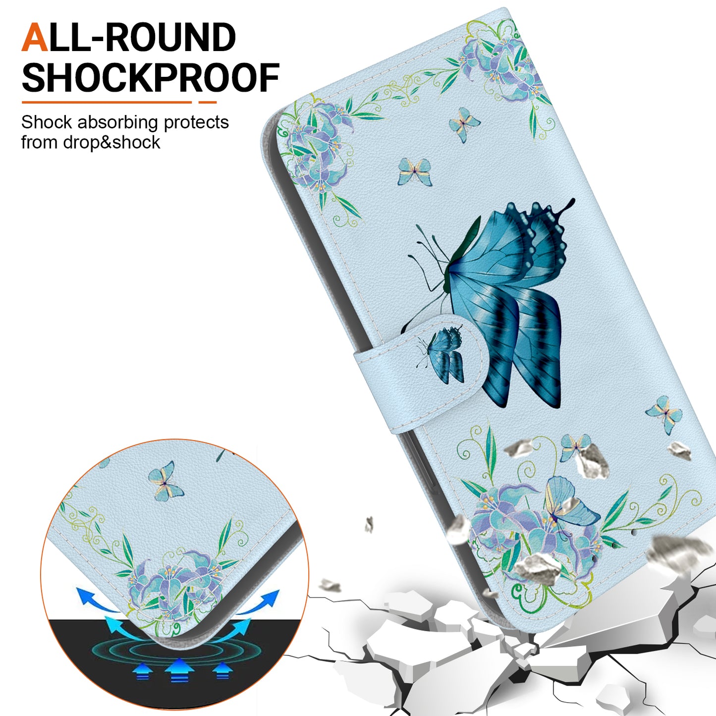 For Xiaomi Redmi Note 13 Pro 5G / Poco X6 5G Wallet Case Phone Leather Cover Pattern Printing  - Blue Butterfly Flower