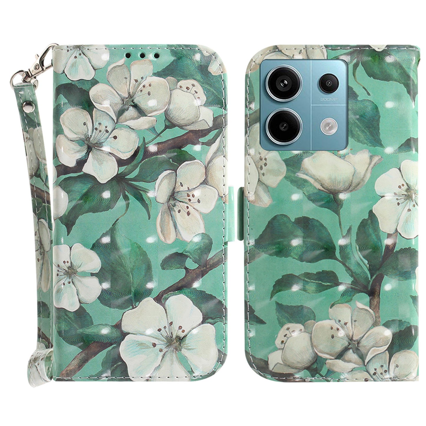 For Xiaomi Redmi Note 13 Pro 5G / Poco X6 5G Wallet Case 3D Pattern Print Leather Cover with Strap - Watercolor Flowers