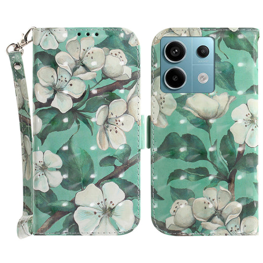 For Xiaomi Redmi Note 13 Pro 5G / Poco X6 5G Wallet Case 3D Pattern Print Leather Cover with Strap - Watercolor Flowers