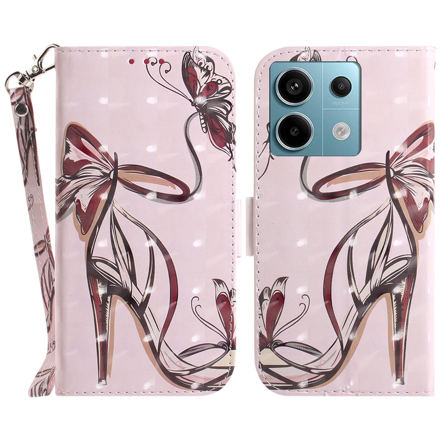 For Xiaomi Redmi Note 13 Pro 5G / Poco X6 5G Wallet Case 3D Pattern Print Leather Cover with Strap - Butterfly High Heels