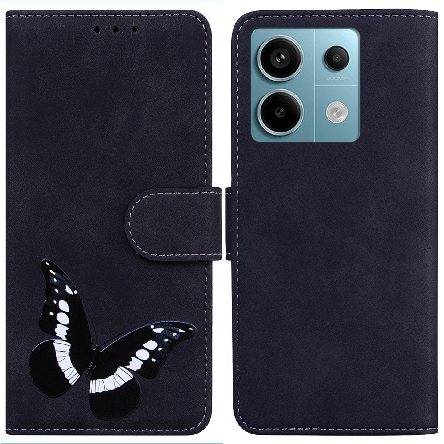 For Xiaomi Redmi Note 13 Pro 5G / Poco X6 5G Case Butterfly Pattern Leather Wallet Cover - Black