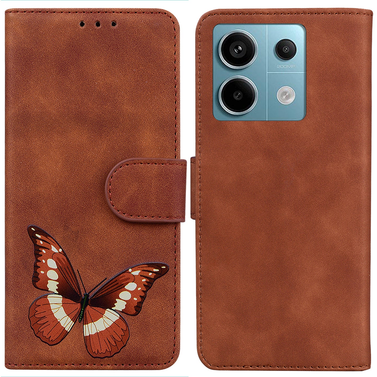 For Xiaomi Redmi Note 13 Pro 5G / Poco X6 5G Case Butterfly Pattern Leather Wallet Cover - Brown