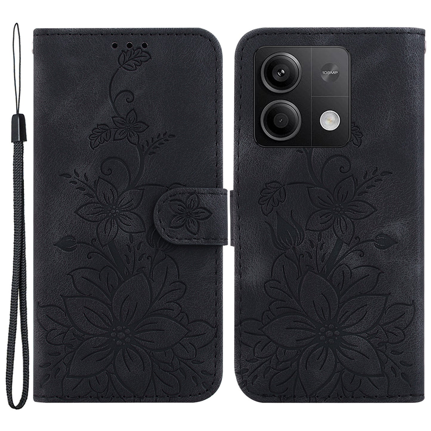 For Xiaomi Redmi Note 13 5G / Note 13 5G (China) Flower Leather Case Wallet Cover - Black