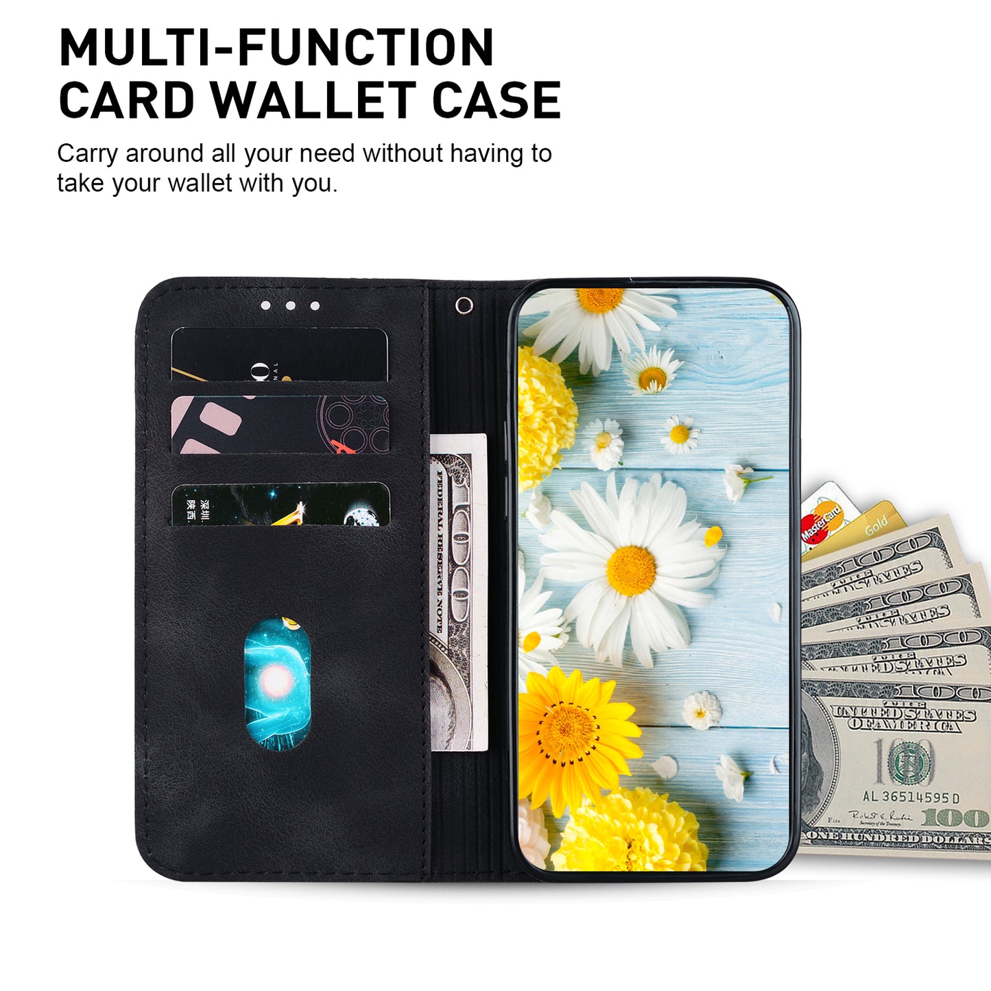 For Xiaomi Redmi Note 13 5G / Note 13 5G (China) Flower Leather Case Wallet Cover - Black
