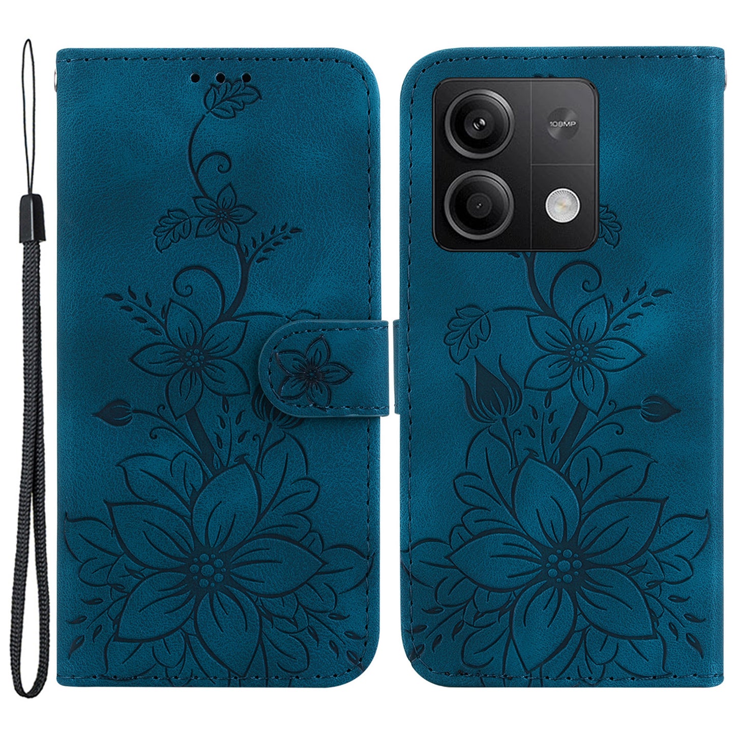 For Xiaomi Redmi Note 13 5G / Note 13 5G (China) Flower Leather Case Wallet Cover - Dark Blue