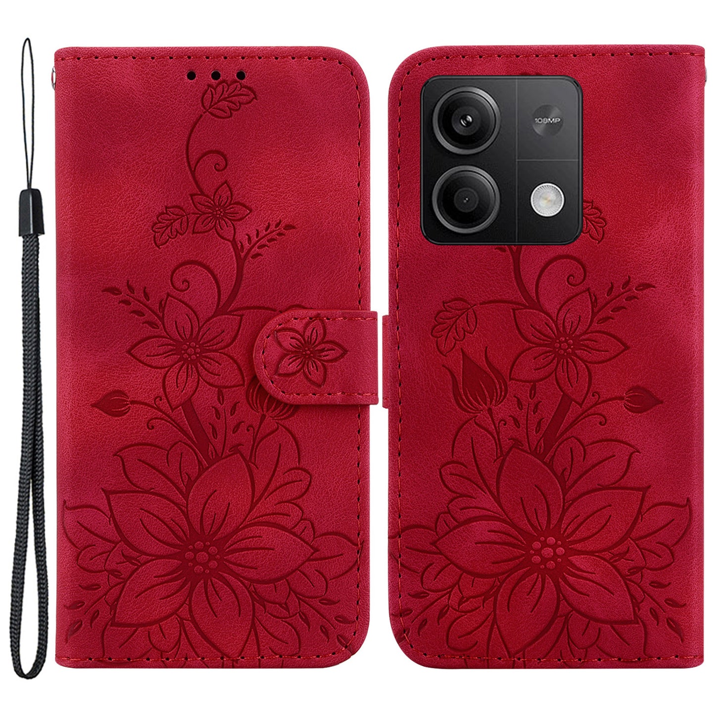 For Xiaomi Redmi Note 13 5G / Note 13 5G (China) Flower Leather Case Wallet Cover - Red
