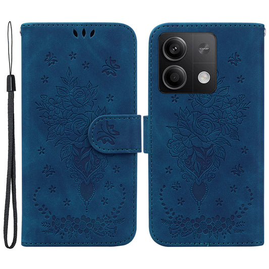 For Xiaomi Redmi Note 13 5G / 13 5G (China) Case Rose Butterfly Imprinted Card Holder Phone Cover - Blue