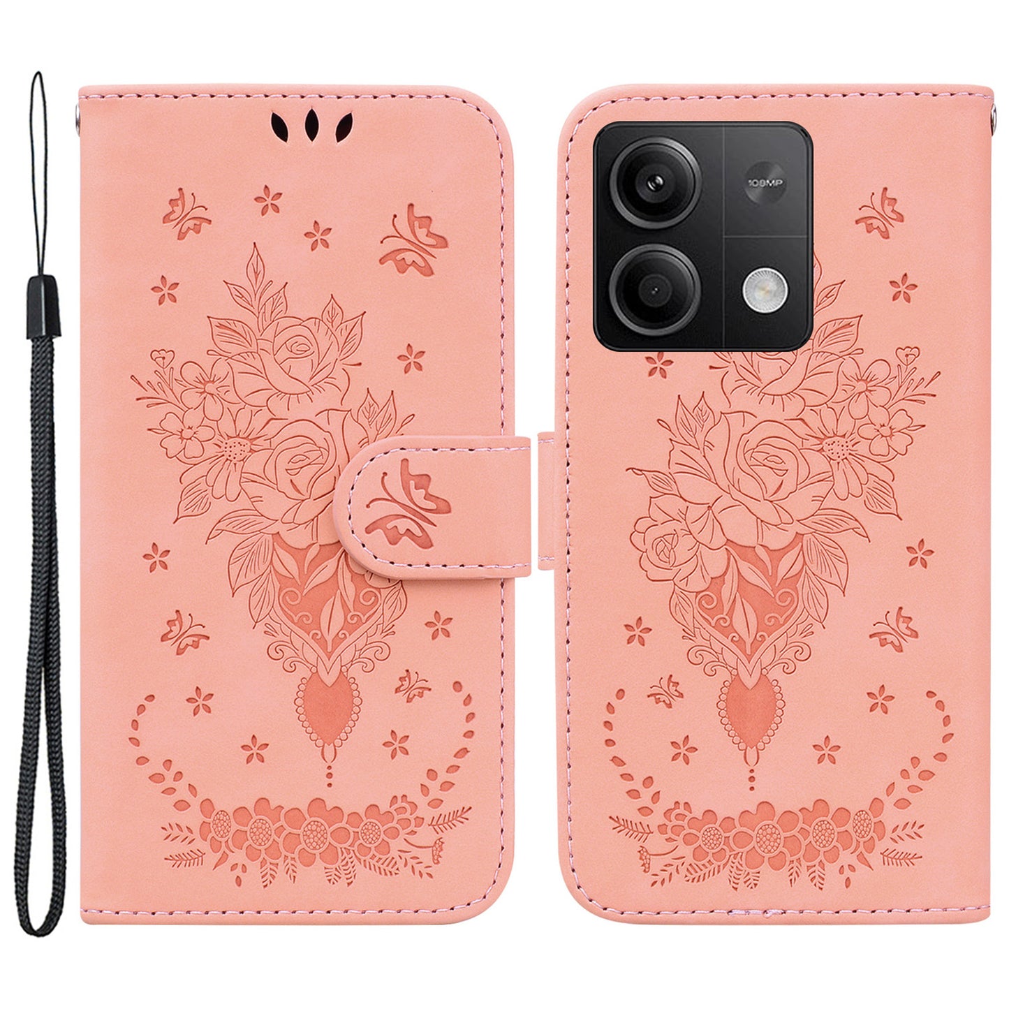 For Xiaomi Redmi Note 13 5G / 13 5G (China) Case Rose Butterfly Imprinted Card Holder Phone Cover - Pink