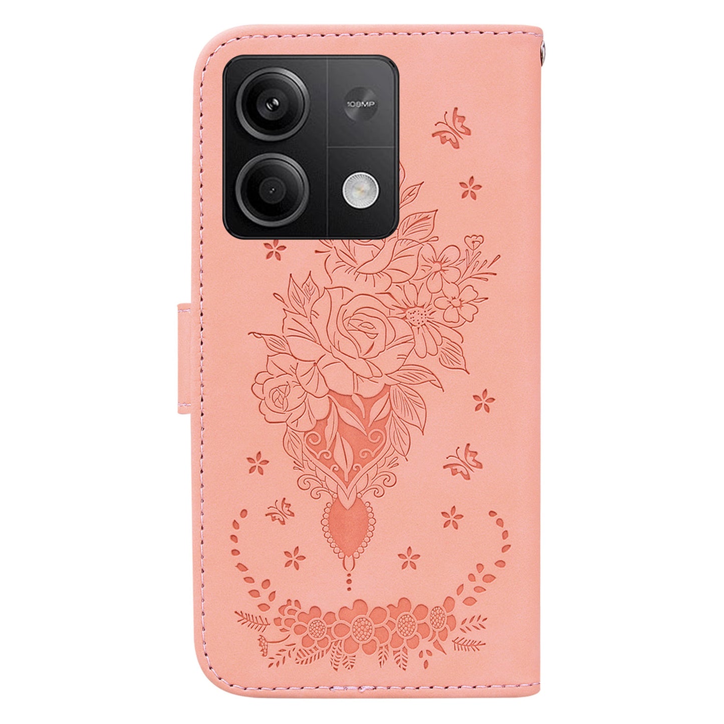 For Xiaomi Redmi Note 13 5G / 13 5G (China) Case Rose Butterfly Imprinted Card Holder Phone Cover - Pink