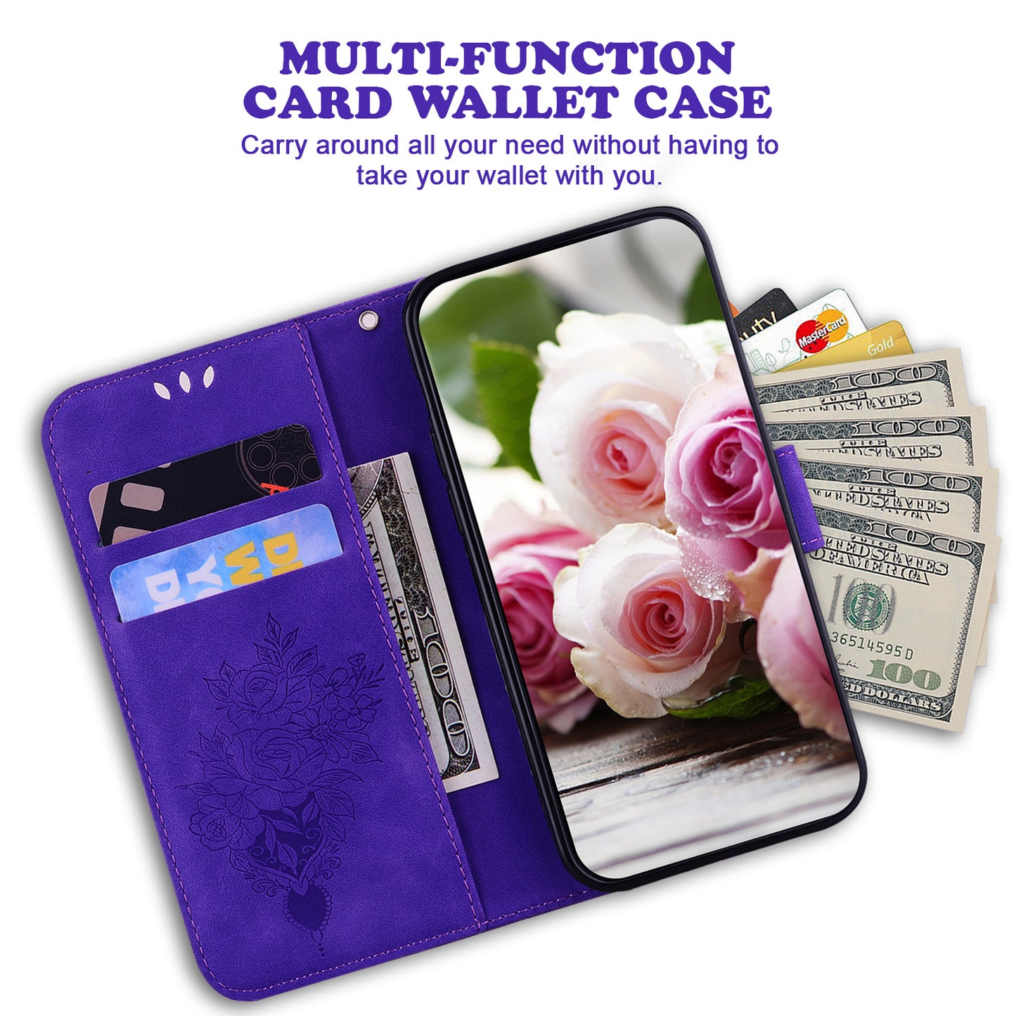 For Xiaomi Redmi Note 13 5G / 13 5G (China) Case Rose Butterfly Imprinted Card Holder Phone Cover - Purple
