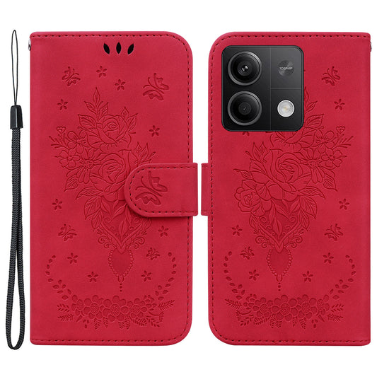 For Xiaomi Redmi Note 13 5G / 13 5G (China) Case Rose Butterfly Imprinted Card Holder Phone Cover - Red