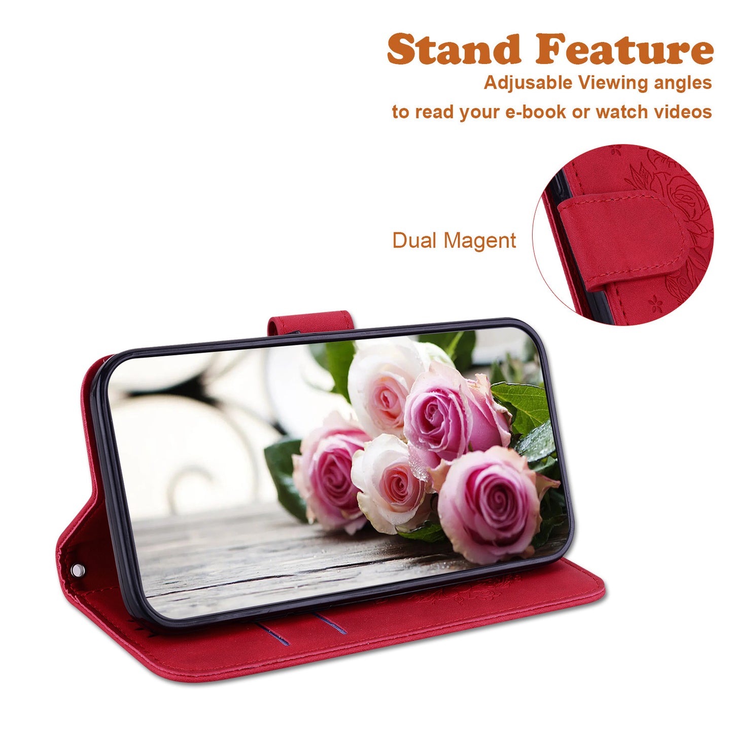 For Xiaomi Redmi Note 13 5G / 13 5G (China) Case Rose Butterfly Imprinted Card Holder Phone Cover - Red