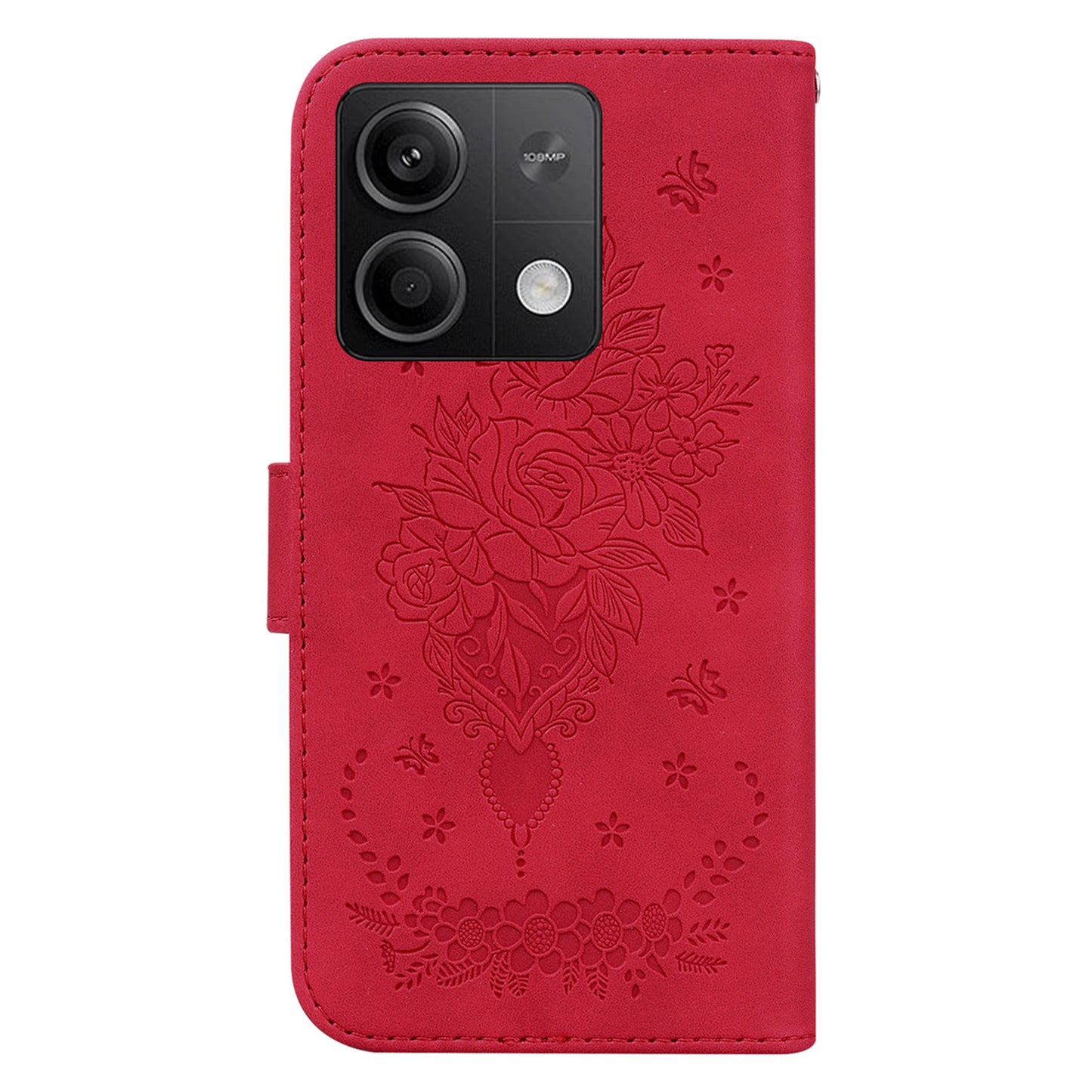 For Xiaomi Redmi Note 13 5G / 13 5G (China) Case Rose Butterfly Imprinted Card Holder Phone Cover - Red