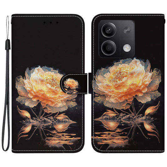For Xiaomi Redmi Note 13 5G (China) / Note 13 5G Leather Case Pattern Printing Wallet Cover - Gold Peony