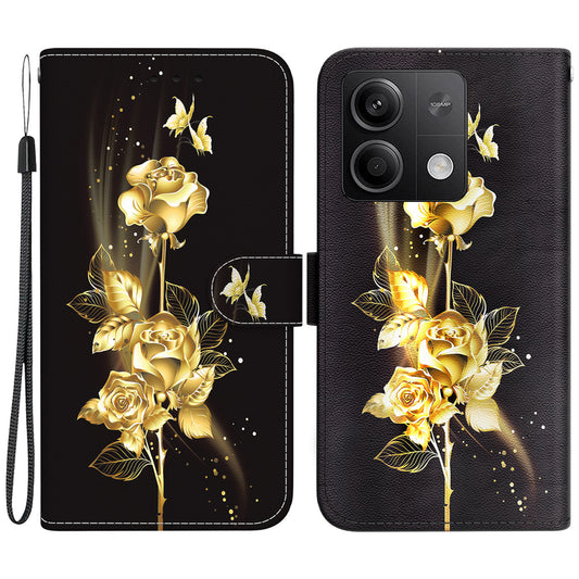 For Xiaomi Redmi Note 13 5G (China) / Note 13 5G Leather Case Pattern Printing Wallet Cover - Gold Butterfly Rose