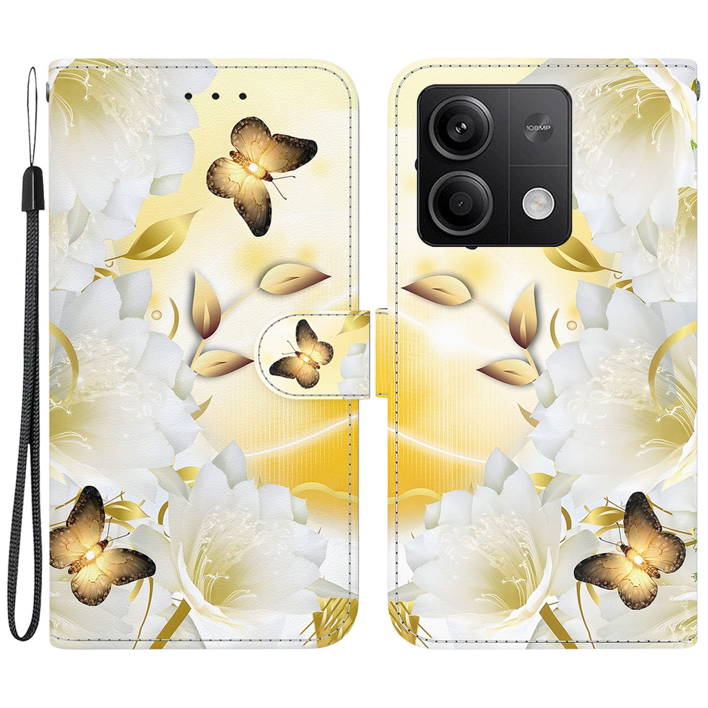 For Xiaomi Redmi Note 13 5G (China) / Note 13 5G Leather Case Pattern Printing Wallet Cover - Gold Butterfly Flower