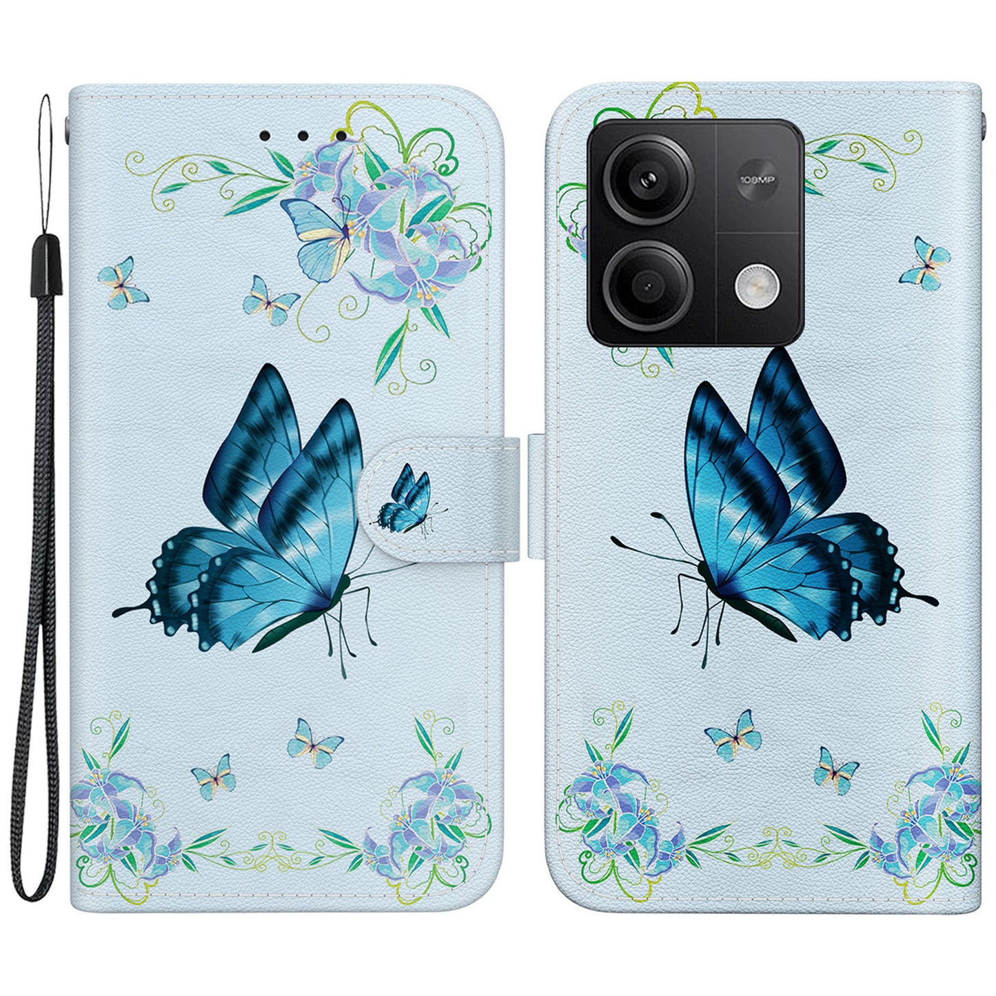 For Xiaomi Redmi Note 13 5G (China) / Note 13 5G Leather Case Pattern Printing Wallet Cover - Blue Butterfly Flower