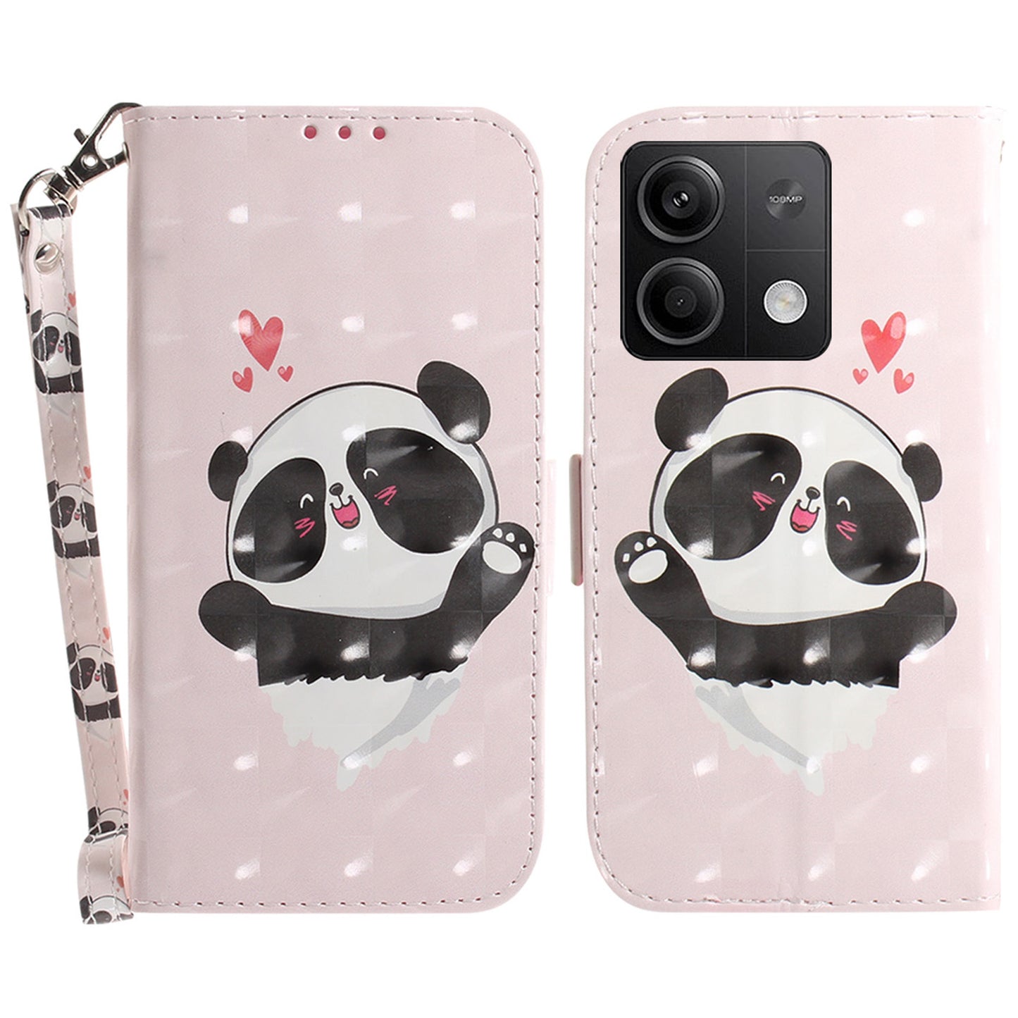 For Xiaomi Redmi Note 13 5G / Note 13 5G (China) Case 3D Pattern Print Leather Cover with Strap - Love Heart Panda