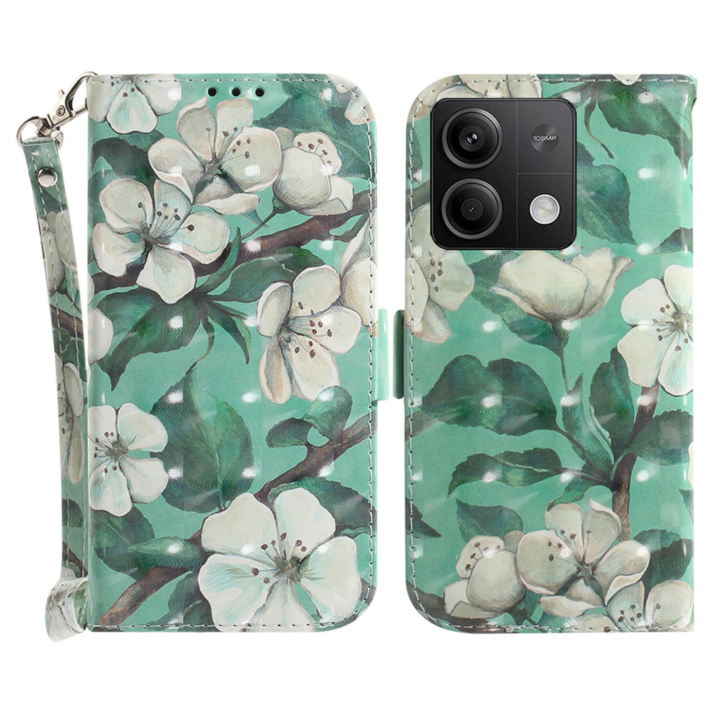 For Xiaomi Redmi Note 13 5G / Note 13 5G (China) Case 3D Pattern Print Leather Cover with Strap - Watercolor Flowers