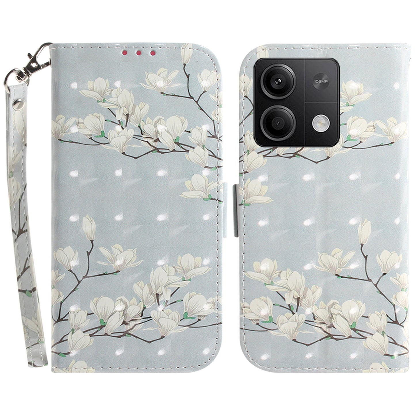 For Xiaomi Redmi Note 13 5G / Note 13 5G (China) Case 3D Pattern Print Leather Cover with Strap - Magnolia