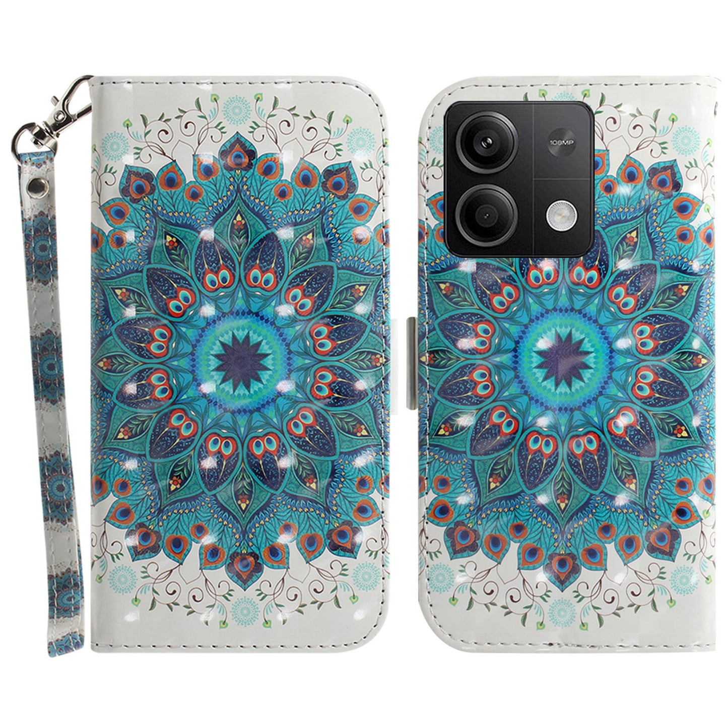 For Xiaomi Redmi Note 13 5G / Note 13 5G (China) Case 3D Pattern Print Leather Cover with Strap - Peacock Wreath