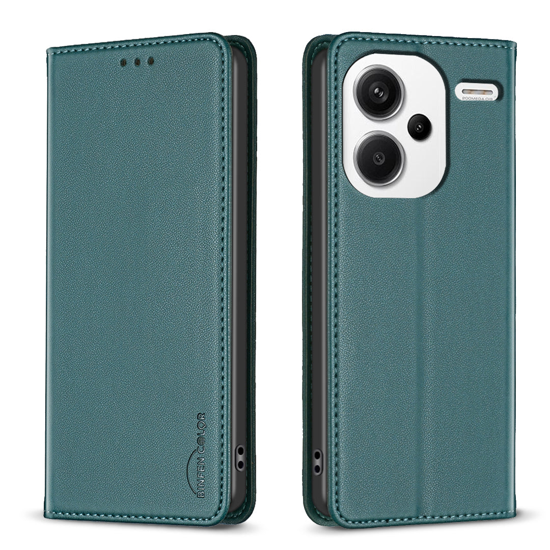 BINFEN COLOR BF18 For Xiaomi Redmi Note 13 Pro+ 5G Leather Phone Case Cover with Card Holder Stand - Green