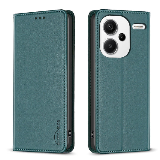 BINFEN COLOR BF18 For Xiaomi Redmi Note 13 Pro+ 5G Leather Phone Case Cover with Card Holder Stand - Green