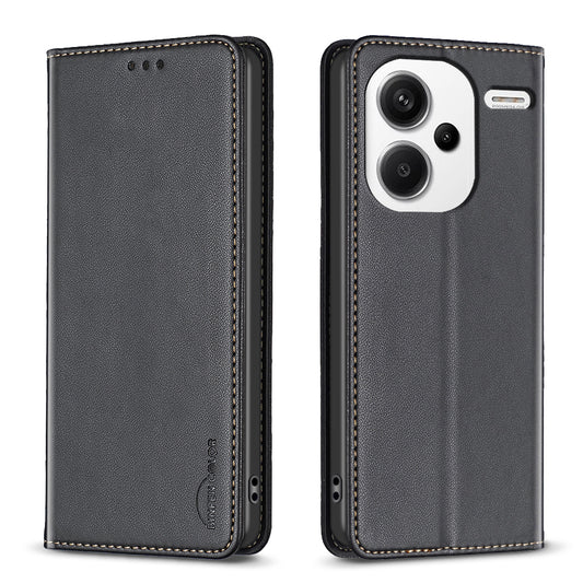 BINFEN COLOR BF18 For Xiaomi Redmi Note 13 Pro+ 5G Leather Phone Case Cover with Card Holder Stand - Black