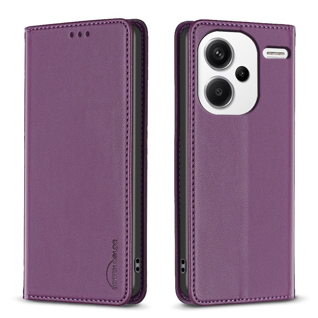 BINFEN COLOR BF18 For Xiaomi Redmi Note 13 Pro+ 5G Leather Phone Case Cover with Card Holder Stand - Dark Purple