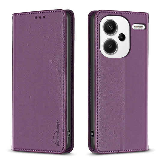 BINFEN COLOR BF18 For Xiaomi Redmi Note 13 Pro+ 5G Leather Phone Case Cover with Card Holder Stand - Dark Purple