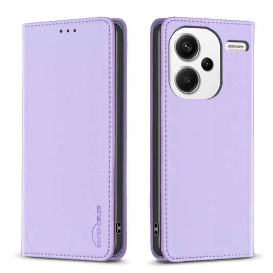BINFEN COLOR BF18 For Xiaomi Redmi Note 13 Pro+ 5G Leather Phone Case Cover with Card Holder Stand - Purple
