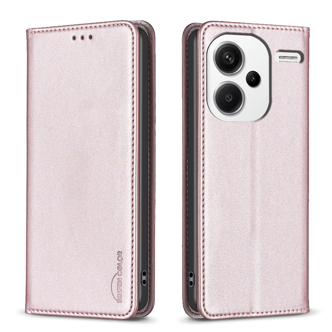 BINFEN COLOR BF18 For Xiaomi Redmi Note 13 Pro+ 5G Leather Phone Case Cover with Card Holder Stand - Rose Gold