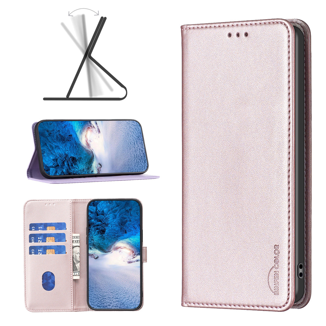 BINFEN COLOR BF18 For Xiaomi Redmi Note 13 Pro+ 5G Leather Phone Case Cover with Card Holder Stand - Rose Gold