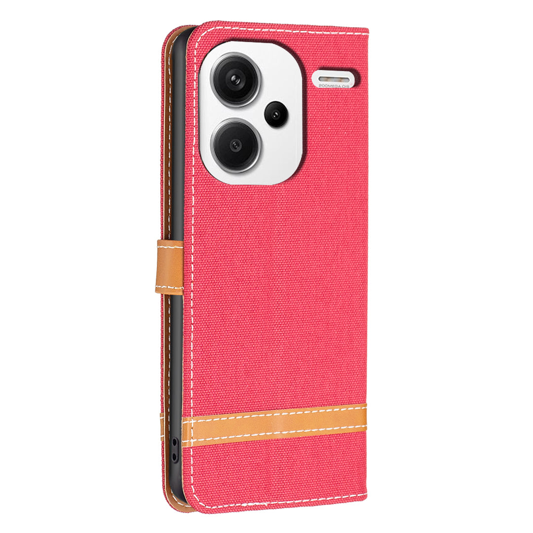 For Xiaomi Redmi Note 13 Pro+ 5G Wallet Case Jeans Cloth Texture Phone Cover - Red