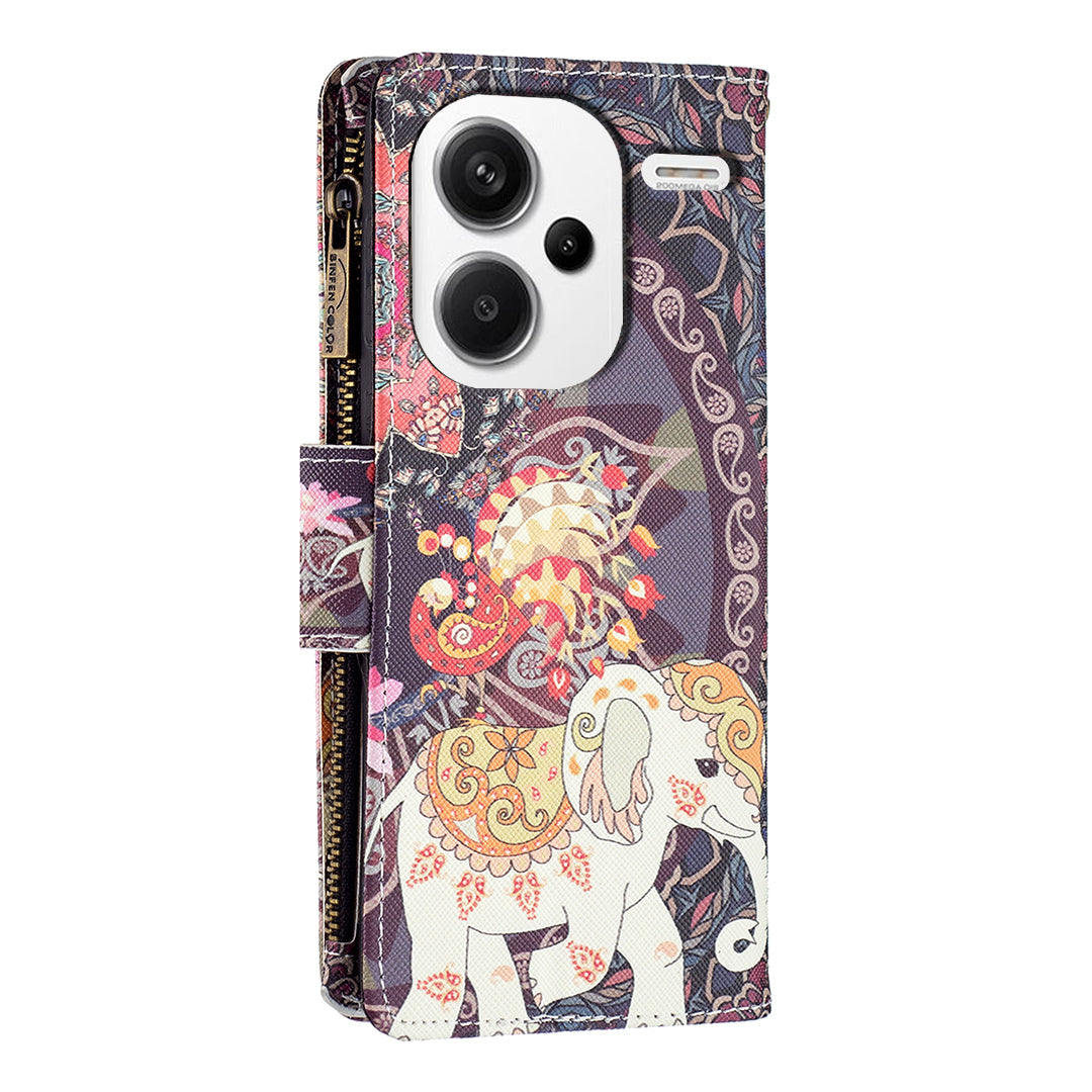 BF03 For Xiaomi Redmi Note 13 Pro+ 5G Wallet Case Pattern Zipper Pocket Handbag PU Leather Phone Cover - Flowers and Elephant