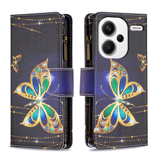 BF03 For Xiaomi Redmi Note 13 Pro+ 5G Wallet Case Pattern Zipper Pocket Handbag PU Leather Phone Cover - Rhinestone Butterfly