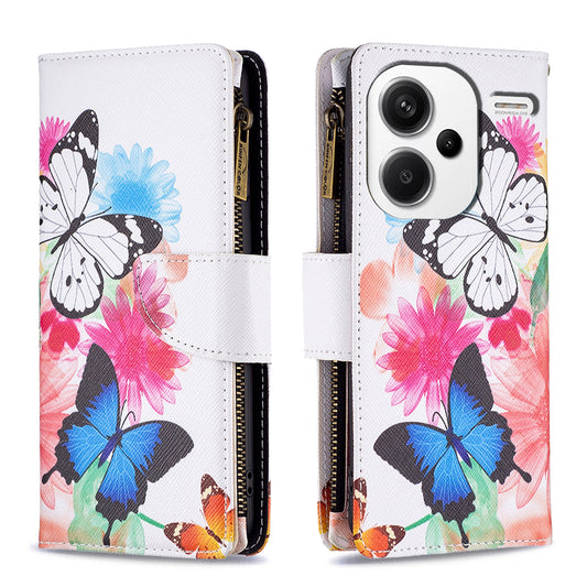 BF03 For Xiaomi Redmi Note 13 Pro+ 5G Wallet Case Pattern Zipper Pocket Handbag PU Leather Phone Cover - Two Butterflies