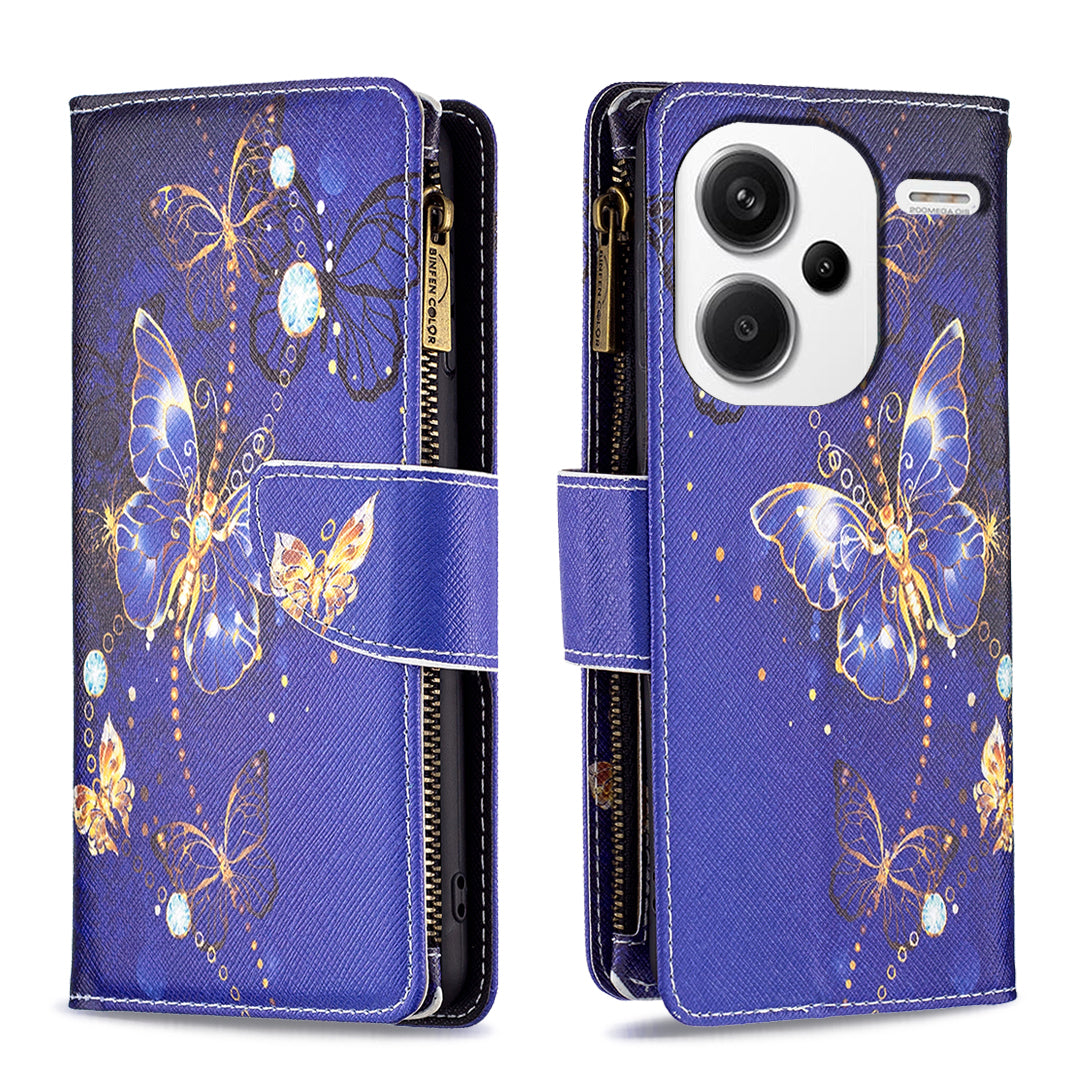 BF03 For Xiaomi Redmi Note 13 Pro+ 5G Wallet Case Pattern Zipper Pocket Handbag PU Leather Phone Cover - Purple Butterflies