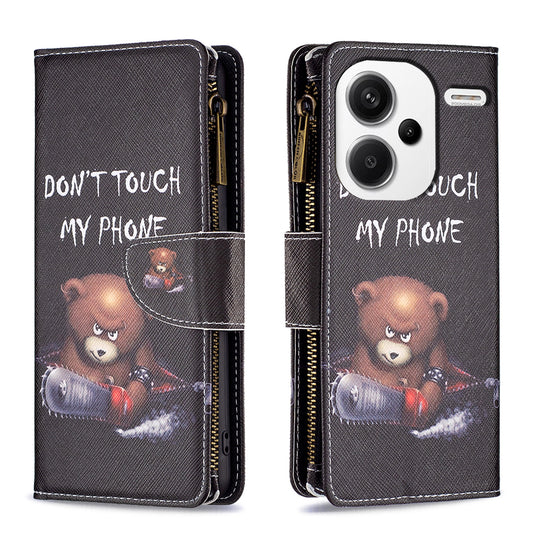 BF03 For Xiaomi Redmi Note 13 Pro+ 5G Wallet Case Pattern Zipper Pocket Handbag PU Leather Phone Cover - Bear