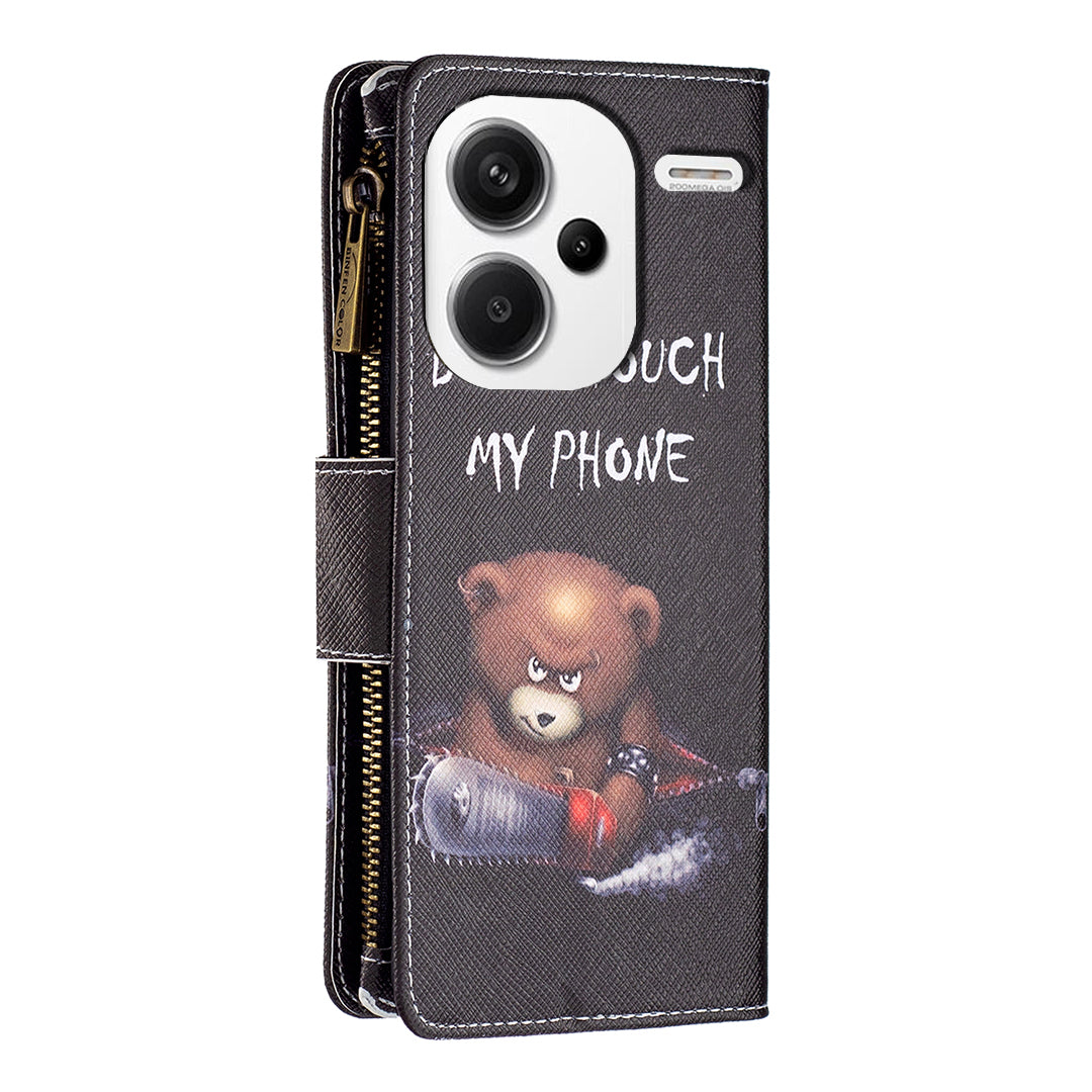 BF03 For Xiaomi Redmi Note 13 Pro+ 5G Wallet Case Pattern Zipper Pocket Handbag PU Leather Phone Cover - Bear