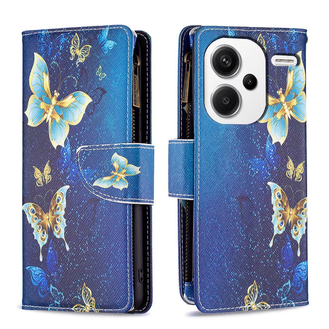 BF03 For Xiaomi Redmi Note 13 Pro+ 5G Wallet Case Pattern Zipper Pocket Handbag PU Leather Phone Cover - Golden Butterflies