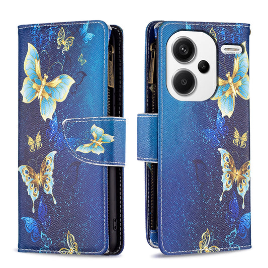 BF03 For Xiaomi Redmi Note 13 Pro+ 5G Wallet Case Pattern Zipper Pocket Handbag PU Leather Phone Cover - Golden Butterflies