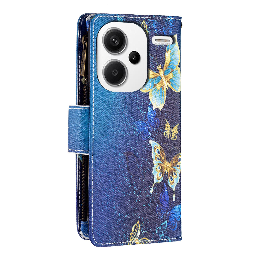 BF03 For Xiaomi Redmi Note 13 Pro+ 5G Wallet Case Pattern Zipper Pocket Handbag PU Leather Phone Cover - Golden Butterflies