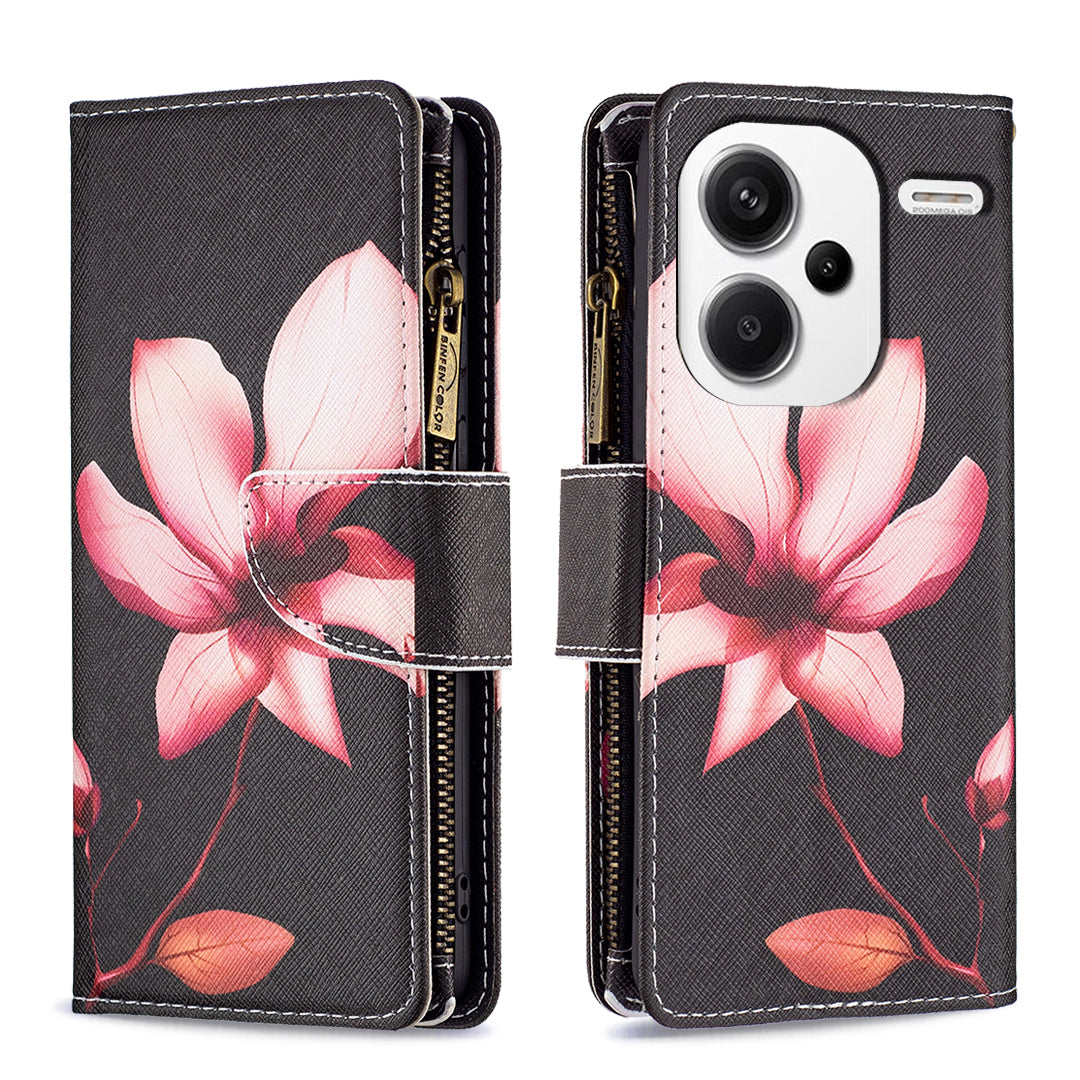 BF03 For Xiaomi Redmi Note 13 Pro+ 5G Wallet Case Pattern Zipper Pocket Handbag PU Leather Phone Cover - Lotus
