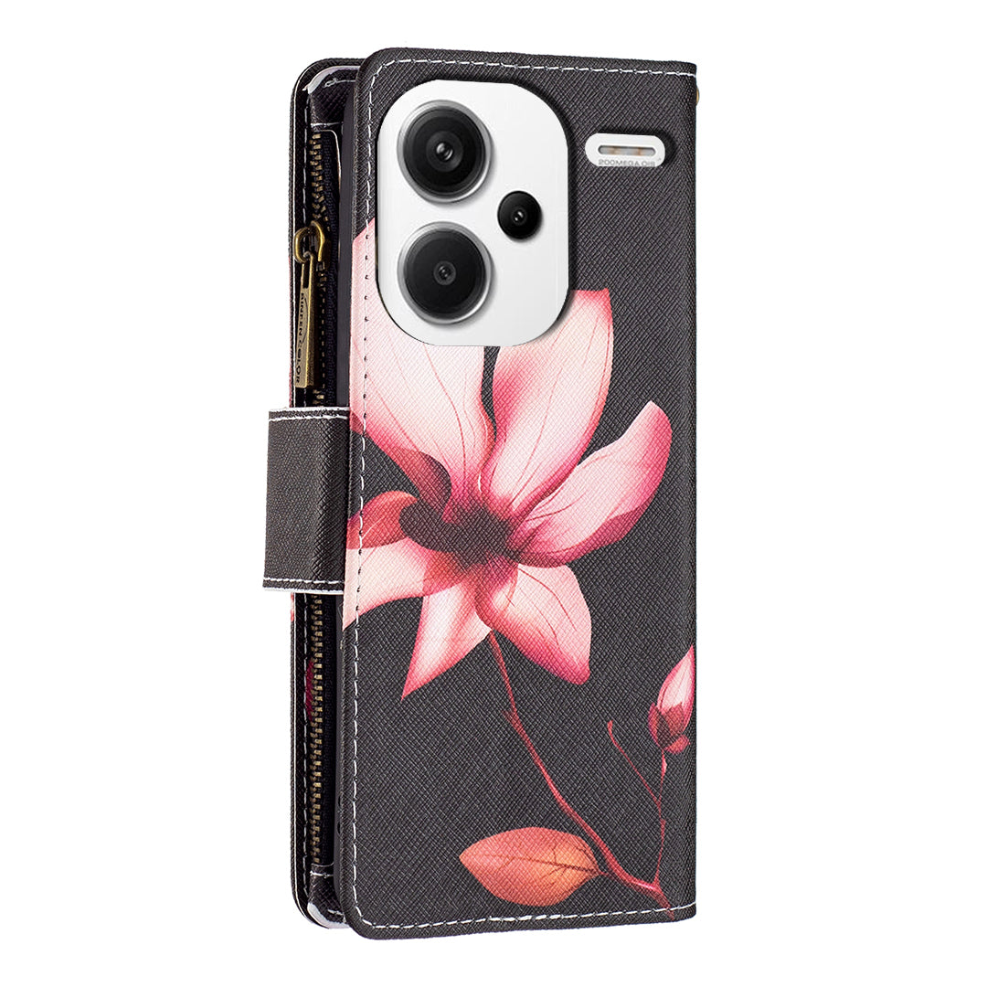 BF03 For Xiaomi Redmi Note 13 Pro+ 5G Wallet Case Pattern Zipper Pocket Handbag PU Leather Phone Cover - Lotus